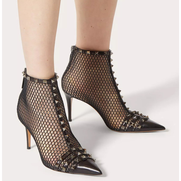 Valentino Rockstud Black Mesh Leather Stud Heel Pointed Toe Ankle Boot Bootie 37 - Picture 5 of 12